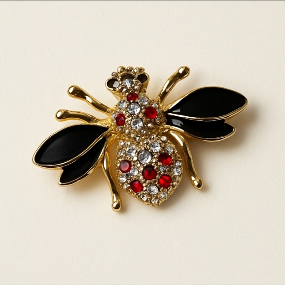 Vintage Jewelry - Vintage-Inspired Crystal Bee Brooch – Red Rhinestone & Enamel Wings Pin